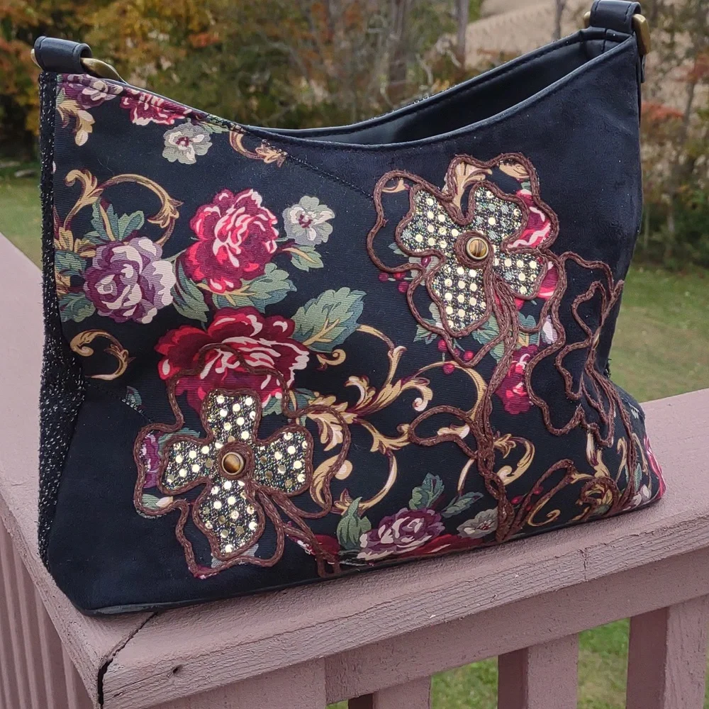 #VINTAGE #BUENO Embroidered Multi-Print Fabric Satchel#